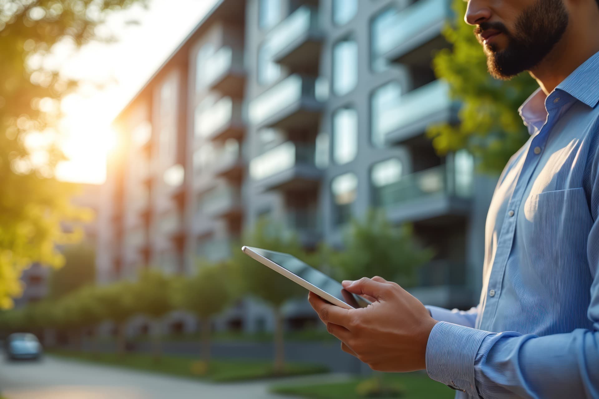 Hausverwalter prüft eine Wohnanlage mit dem Tablet