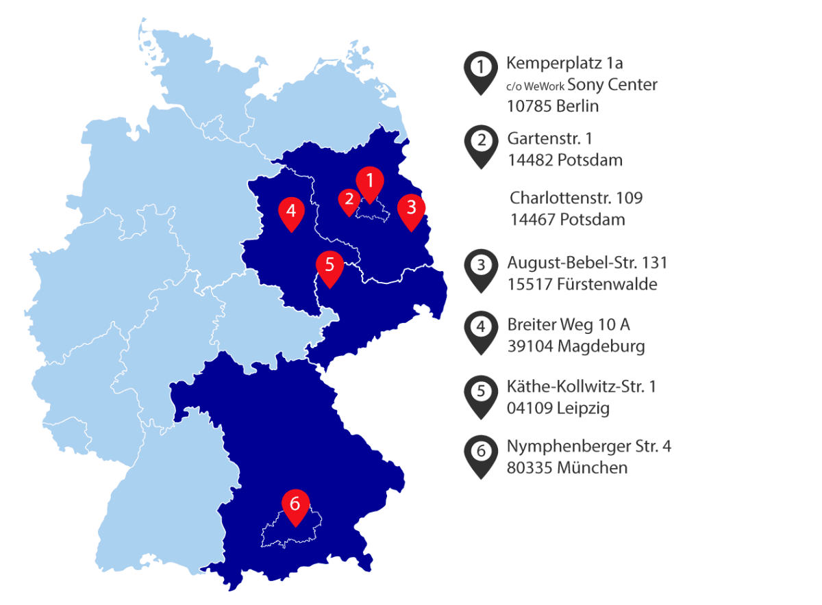 Standortkarte der Fink & Wagner GmbH mit den Standorten in Berlin, Potsdam, Fürstenwalde, Magdeburg, Leipzig und München